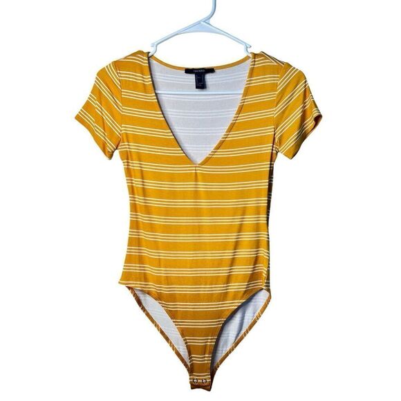 Mustard Yellow Striped Bodysuit Short Sleeve Deep V Neck Shirt S Forever 21 - Picture 1 of 5